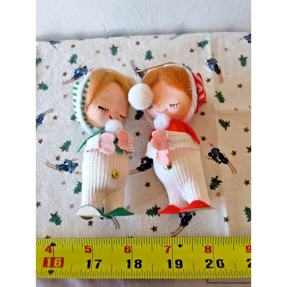 Set of 2 Vintage Japan Label MCM 1950s 1960s Child Striped Pajama Ornaments